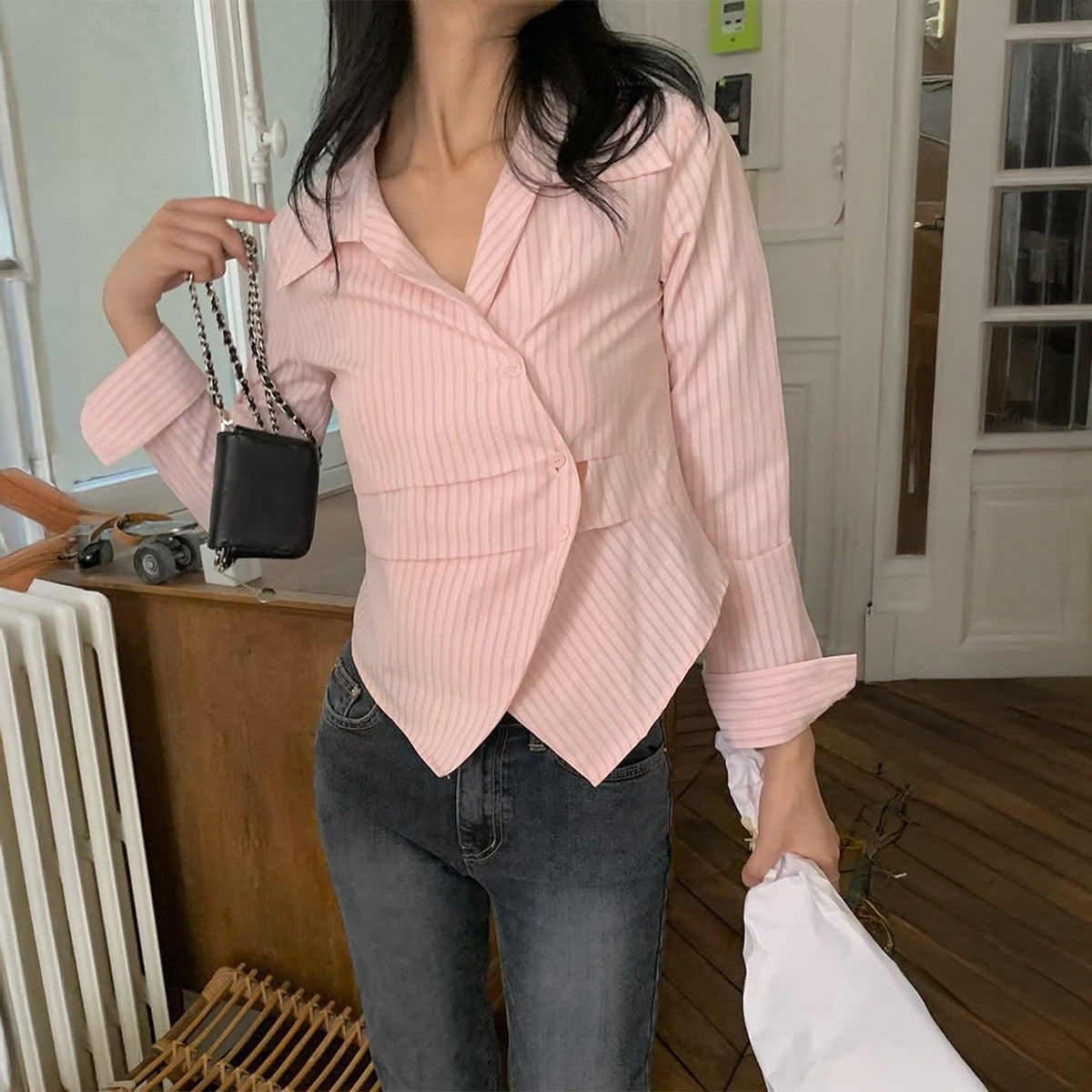 French-style Sweet-and-cool Design Waist-cinching Striped Blouse