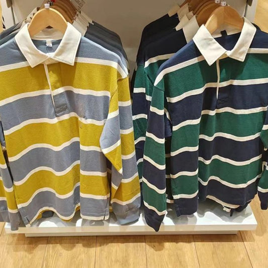 Casual Polo Shirt Long-sleeve Loose-fit Striped T-shirt