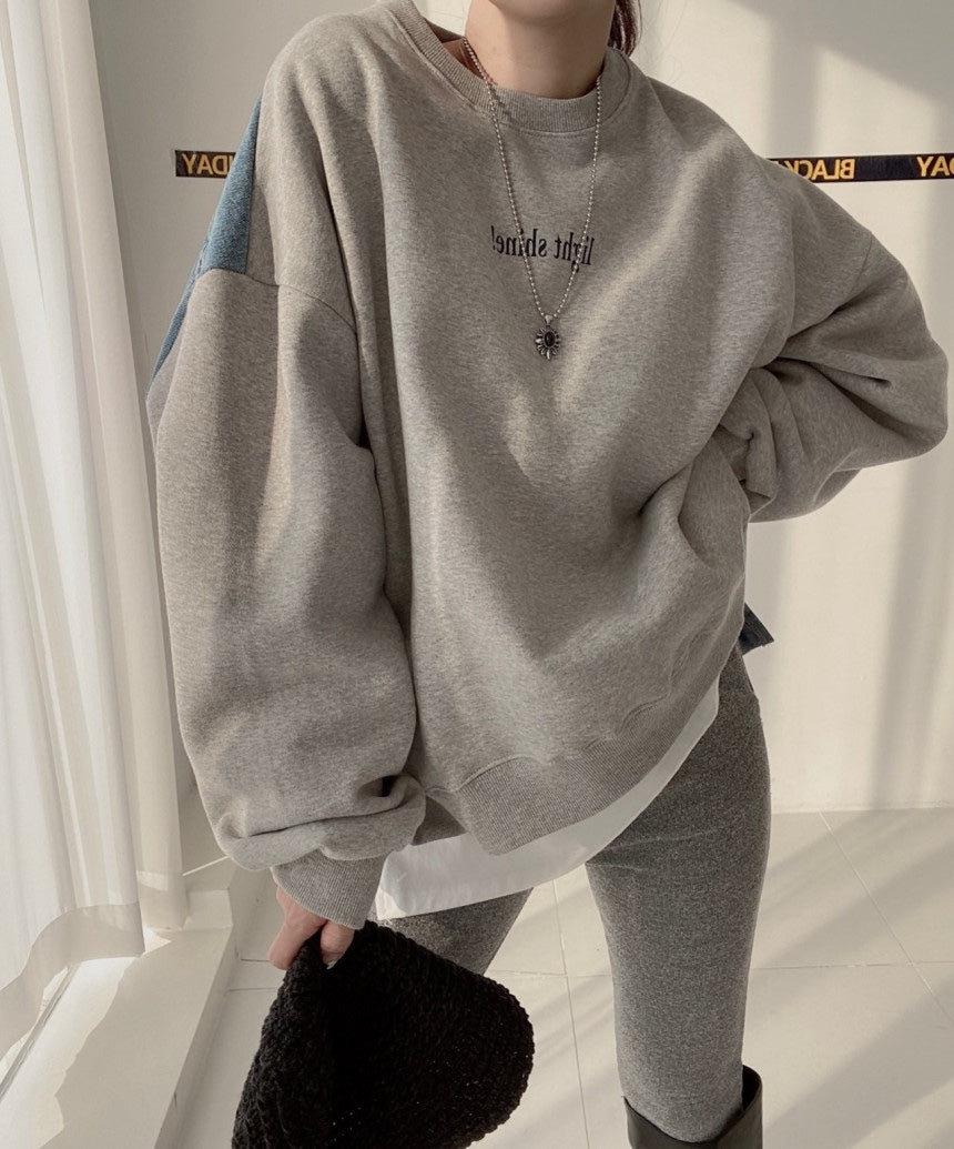 Women's Round Neck Letter Patch Denim Sweatshirt