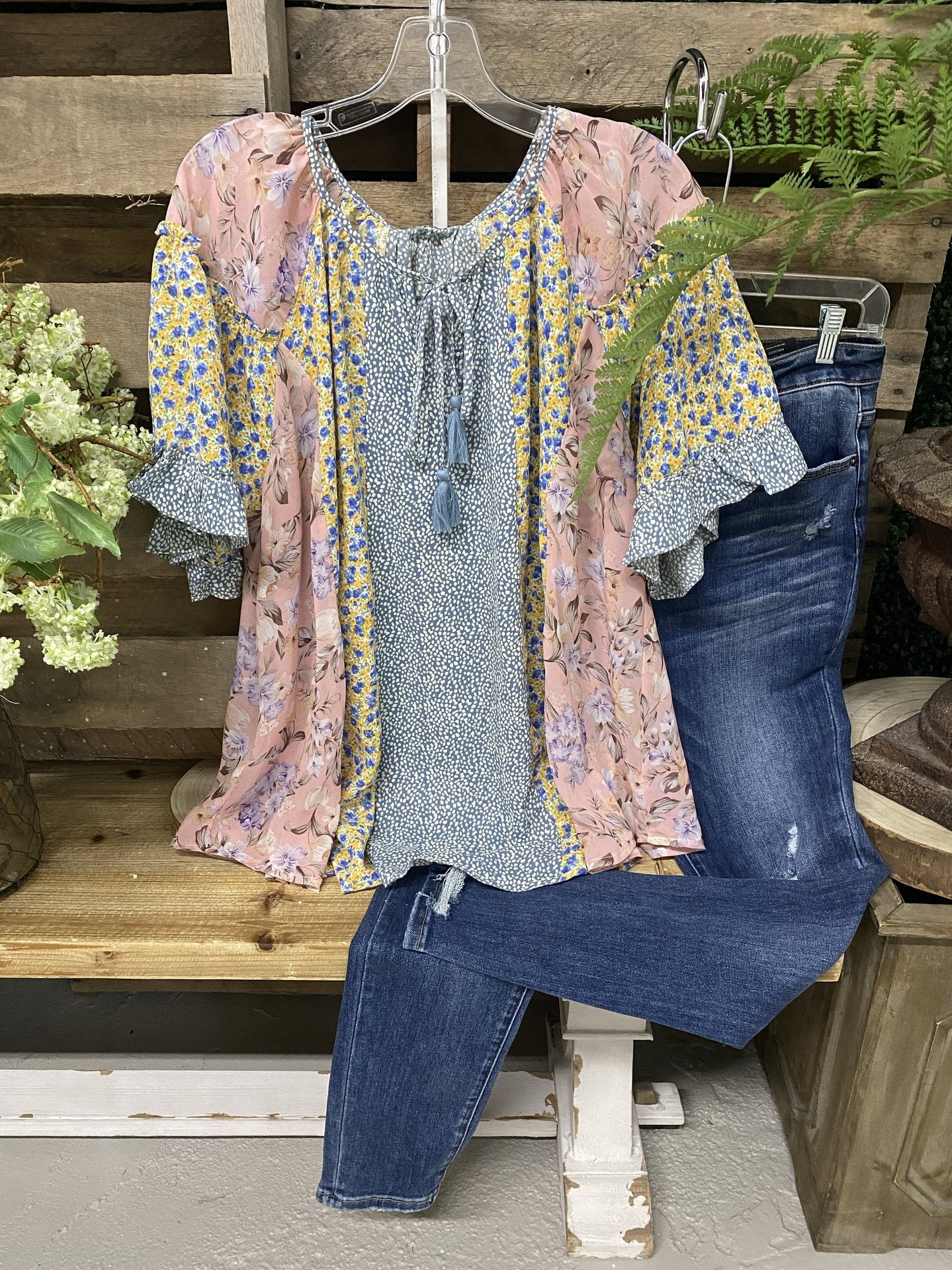 Ladies Summer Floral Panel Ruffle T-Shirt