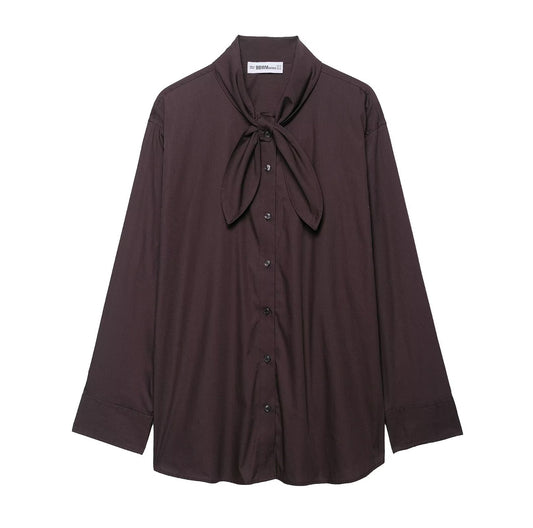 Women's Solid Color Temperament Long Sleeve Scarf Poplin Shirt