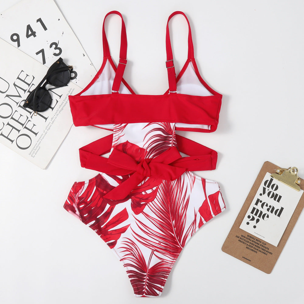 One-piece Leaf-shaped Flowers Color Matching Women's Swimsuit Lace-up Sexy Triangle Bikini