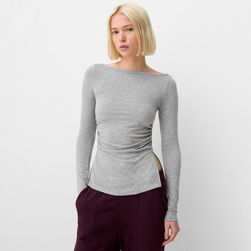 Dame pullover med åben hals, plisseret talje og slids