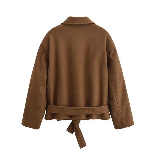 Retro Loose Casual Lapel Long Sleeve With Belt Woolen Jacket Coat