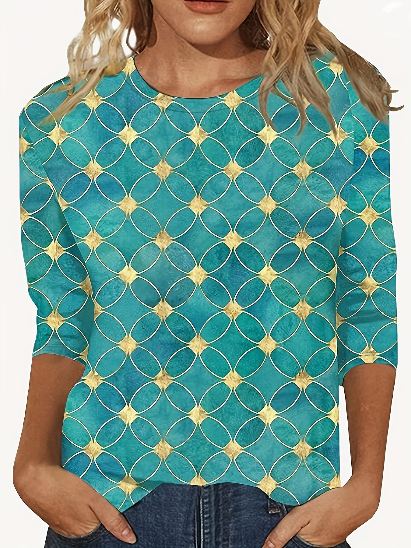 Europæisk og amerikansk blomsterprintet langærmet T-shirt med rund hals