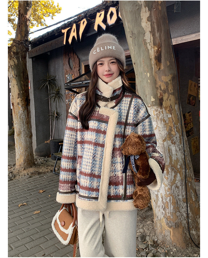 Retro Plaid Stand Collar Loose Fur Short Coat For Women