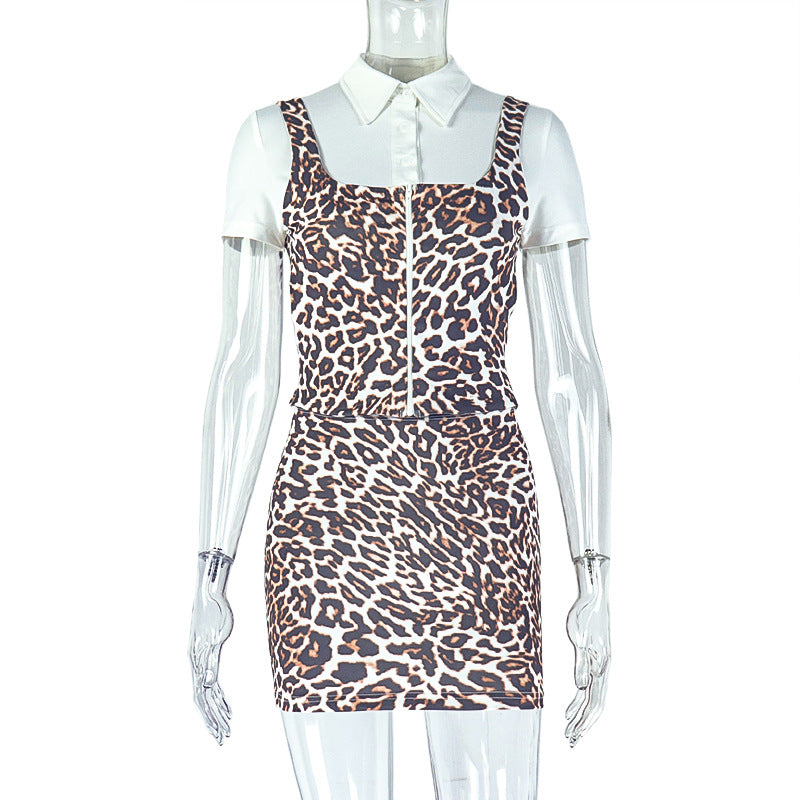 Leopard-print Sheath Workwear Chic Skirt Suit Patchwork Top And Short Skirt Two-piece Set
