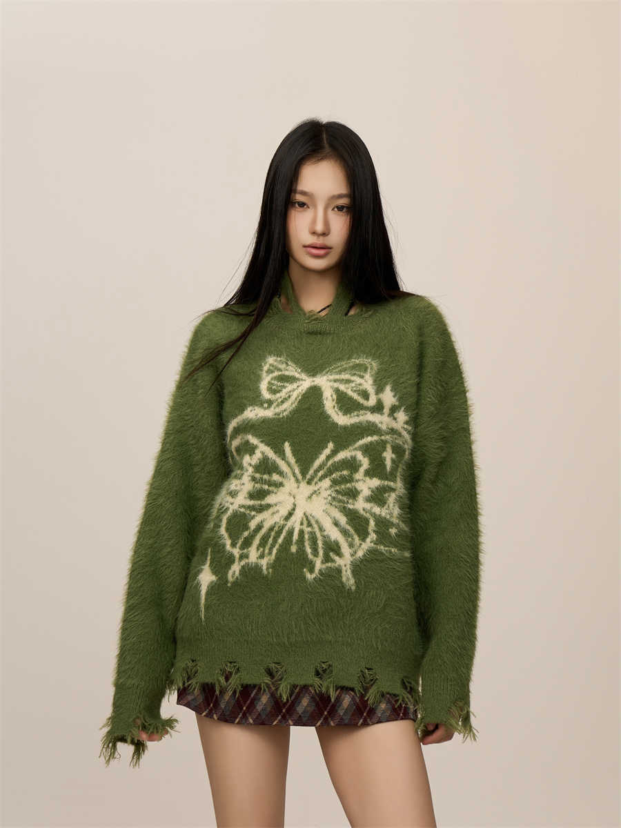 Sommerfugle-jacquard uldsweater med minklignende finish til jul og nytår