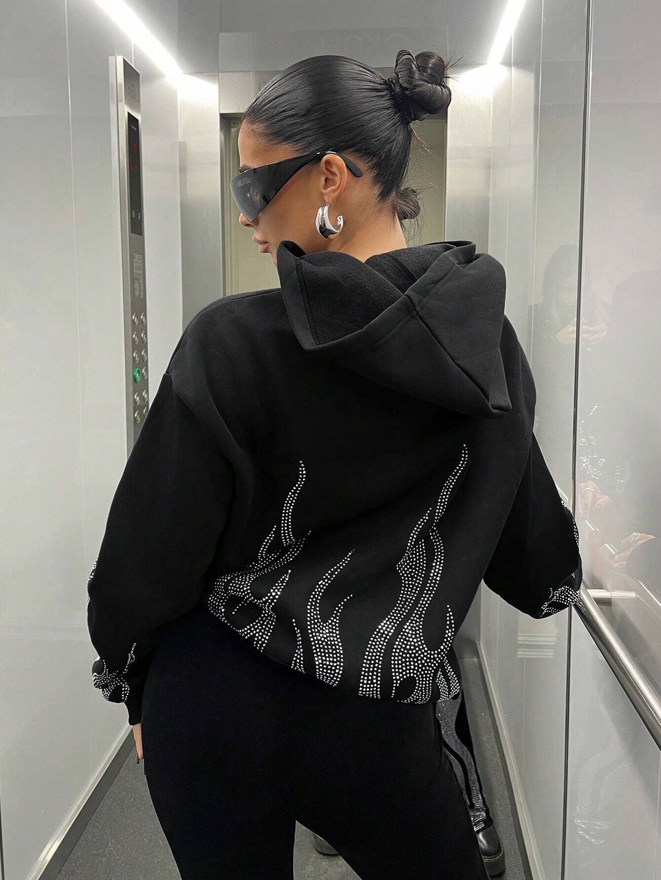 Street Trend Flame Rhinestone Løs Hættetrøje Med Lynlås