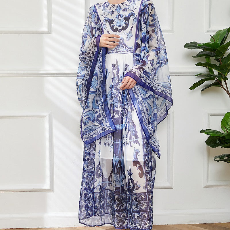 Blue And White Floral Printed Flowing Fairy Dress With Large Swing