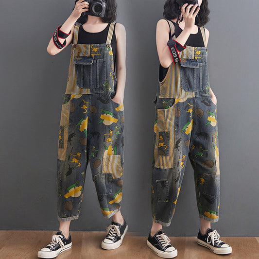 Women's Loose Plus Size Cartoon Print Denim Overalls