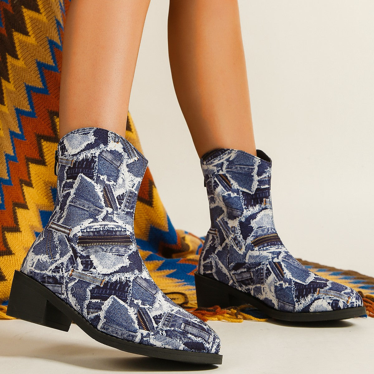 Patchwork Denim Boots Fashion Autumn And Winter Outerwear Round Toe Square Heel Shoes With Back Zipper Casual Cowboy Boots