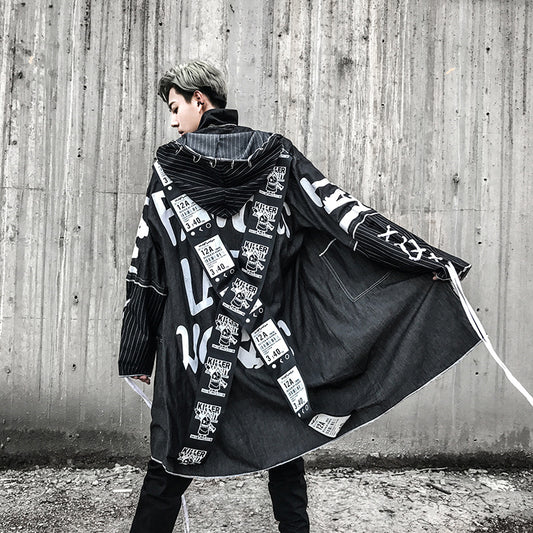 Autumn new national tide loose long hooded windbreaker hairdresser nightclub DJ personality fashion trend coat