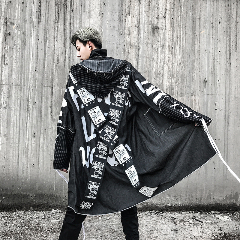 Autumn new national tide loose long hooded windbreaker hairdresser nightclub DJ personality fashion trend coat