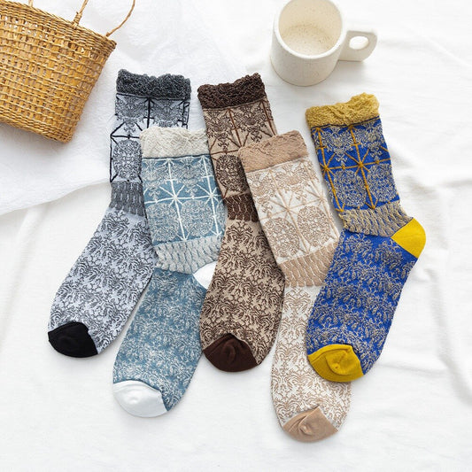 Retro pattern women's socks ethnic style flower socks