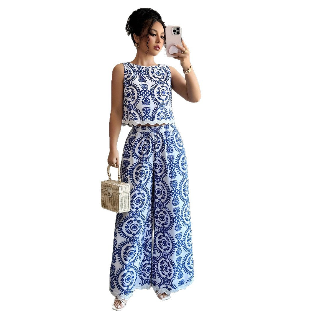 Plant-patterned Crew-neck Sleeveless Top And Wide-leg Pants Set With A Printed Design