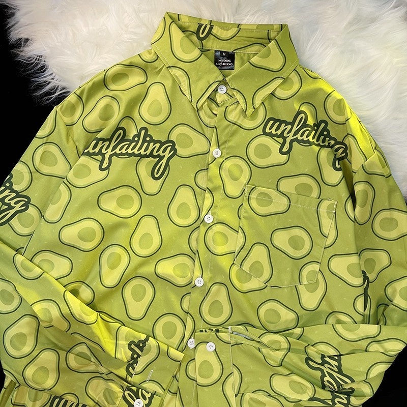Hong Kong Style Printed Shirt Men's And Women's Loose Long Sleeves
