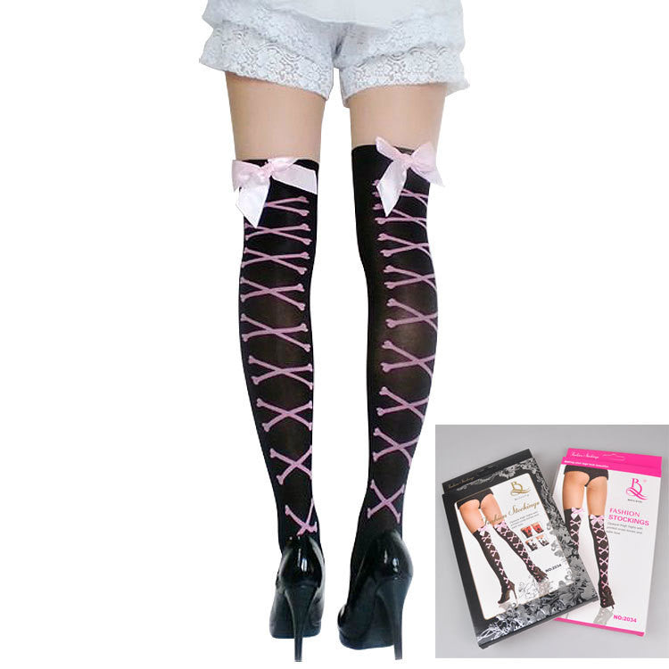 Small Bone Stockings With Pink Bow On The Back Of The Leg