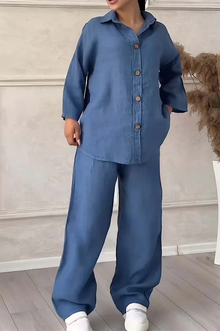 Cotton And Linen Shirt Outfit High Waist Loose Trousers