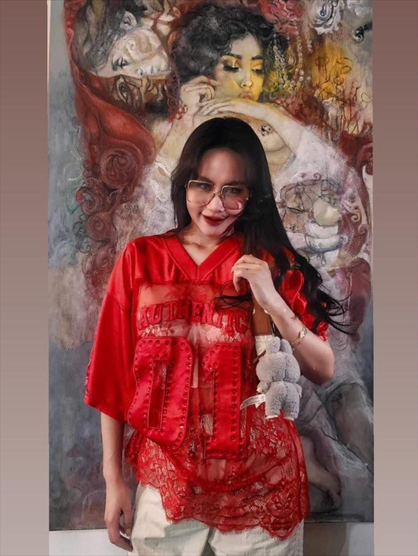 Printed Loose Casual See-through Lace Stitching T-shirt Short Sleeve Top
