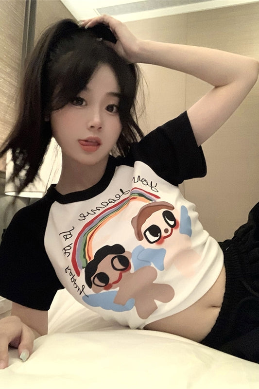 Women's Slim New White Cartoon Print Contrast Crew Neck T-Shirt