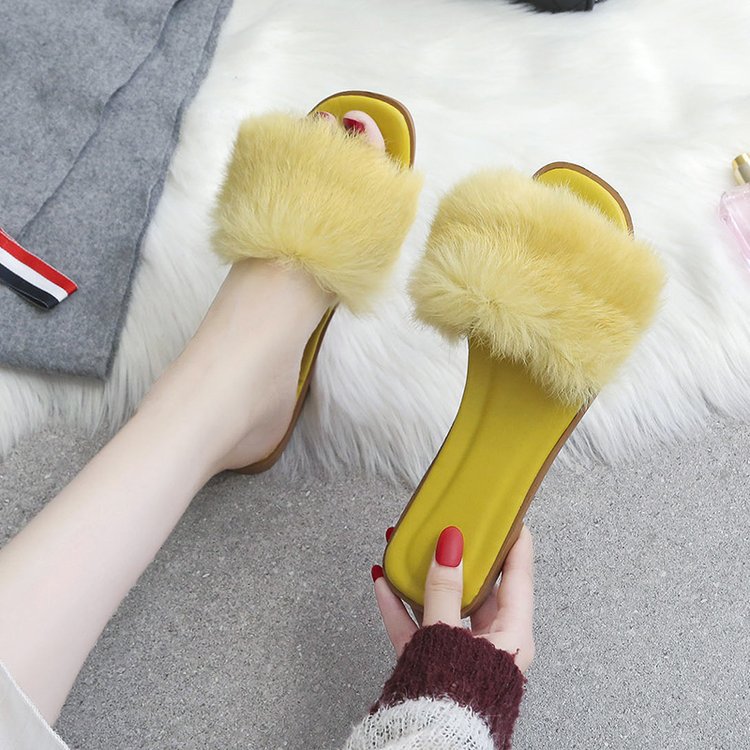 Fashion Rabbit Fur Flat Women's Slippers Plus Size