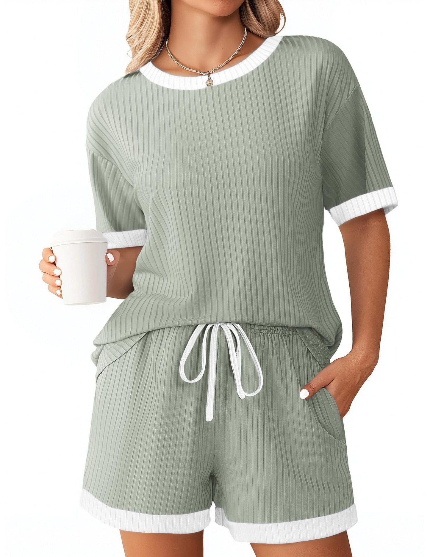 Solid-color Ribbed Patchwork Color-block Pajama Short-sleeve Loungewear Set