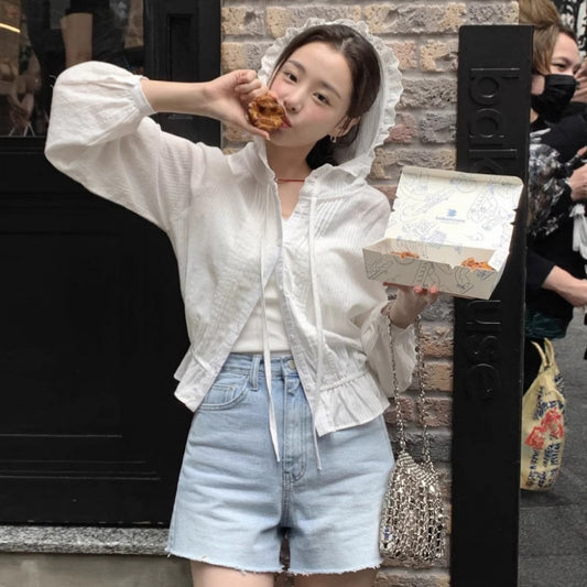 Designer-style Lace Trim Elastic Hooded Shirt For Women