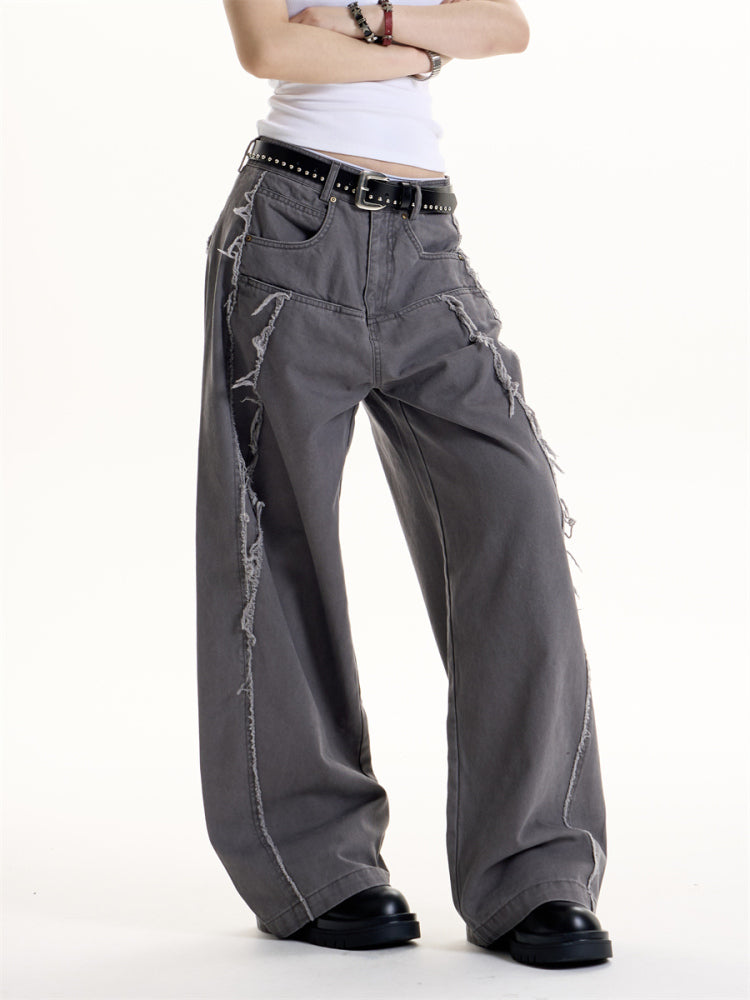 American Retro Style Wool Tassel Deconstructive Design Jeans