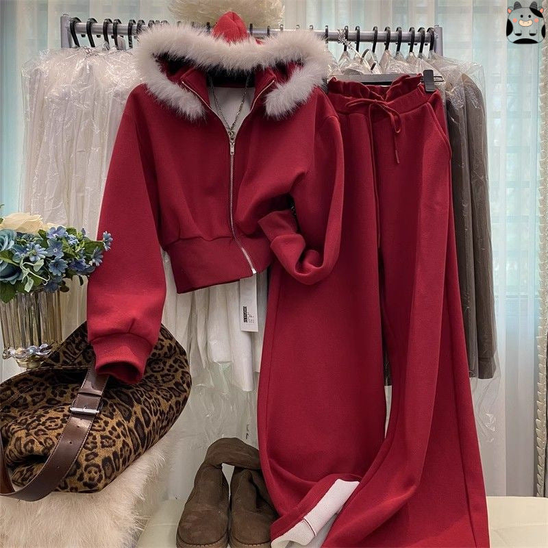 Gray Hooded Coat Fur Collar Fleece Sweater