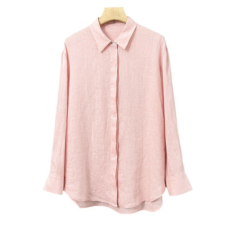 Linen Plain Cloth Blue Dyed Loose Shirt
