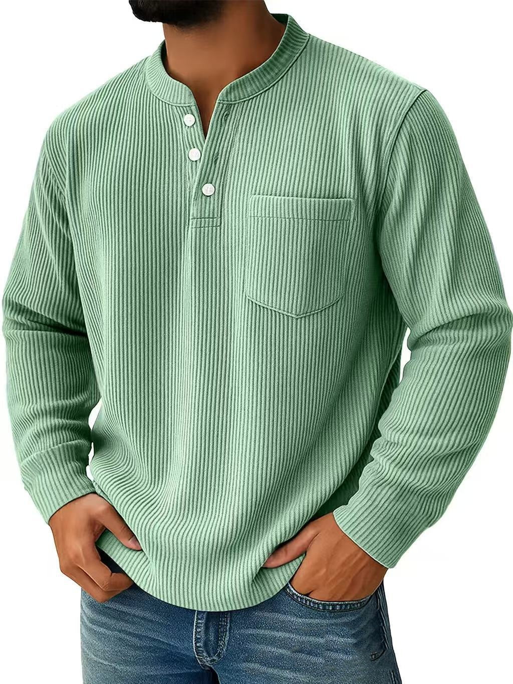 Corduroy Three-button Henry Collar Long-sleeved Shirt Polo Shirt