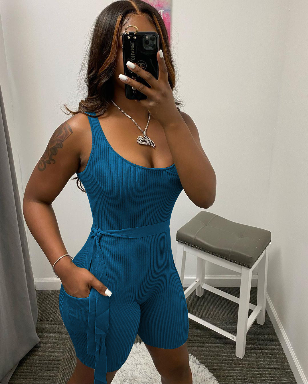 Dames Effen Kleur Pit Strip Strakke Jumpsuit Met Korte Mouwen