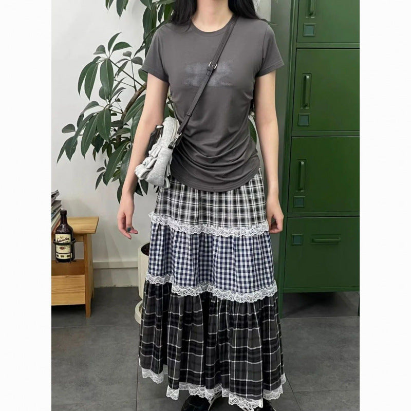 Plaid Lace-Patched Cake-Style Checkered Midi Skirt For Women