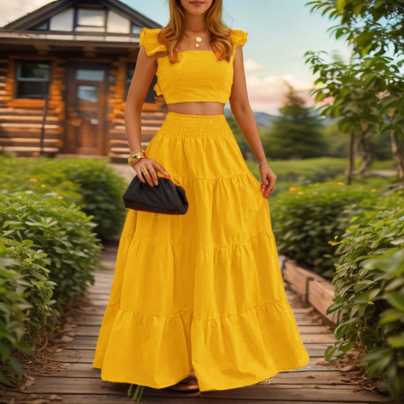 Chic Sexy Solid-color Mid-rise Slip Dress With A Flared Skirttwo-piece Set