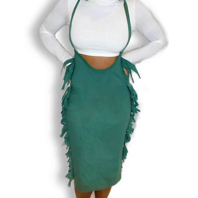 Solid-color Casual Crew-neck Long-sleeve Tassel Suspender Dress Set