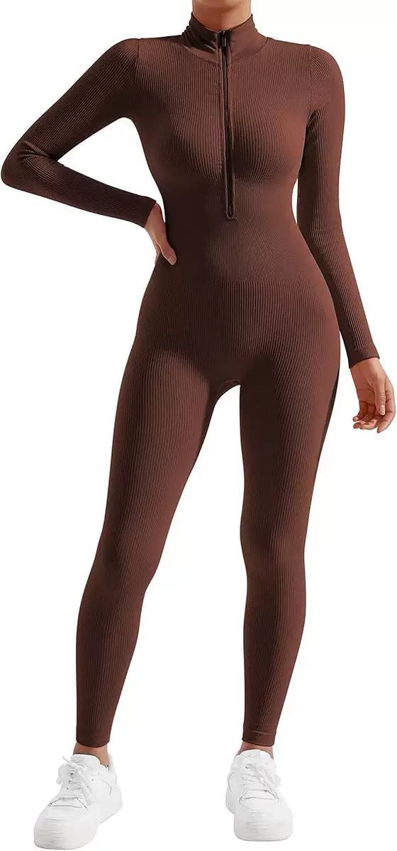 High-Intensity Fitness Jumpsuit With Zipper And Long Sleeves For Workouts
