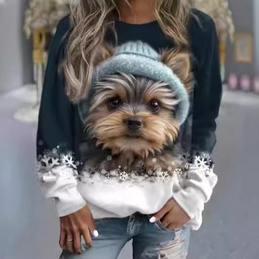 Forår 3D Sød Lille Dyreprint Mønster Rundhalset Sweater