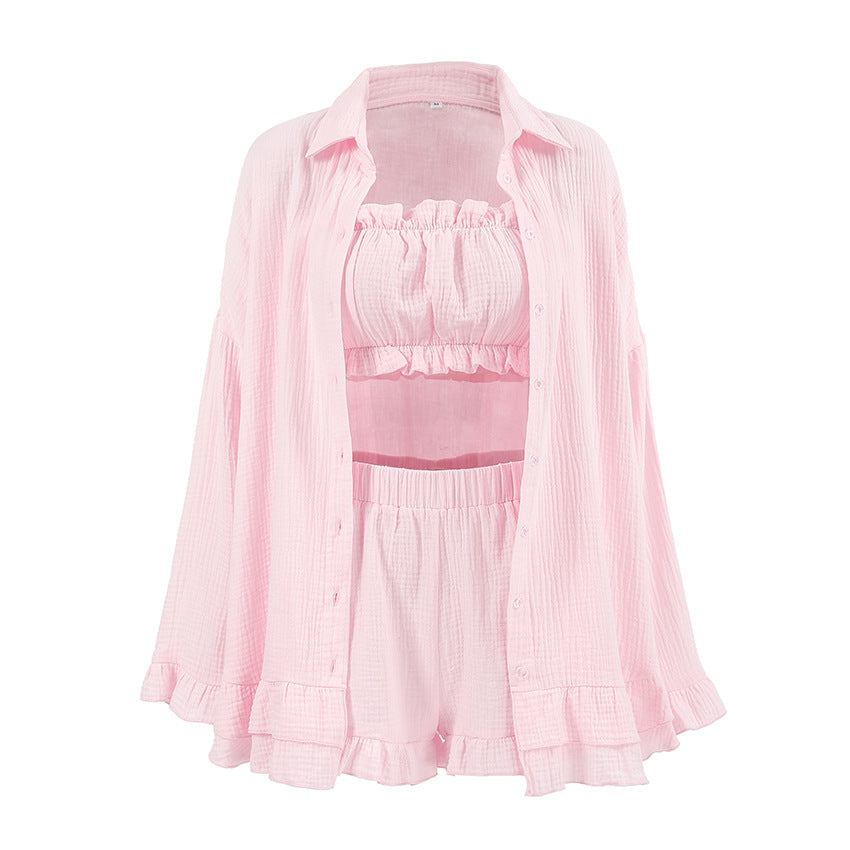 Breathable Loose-fitting Long-sleeve Underwear And Shorts Cotton Pajama Set