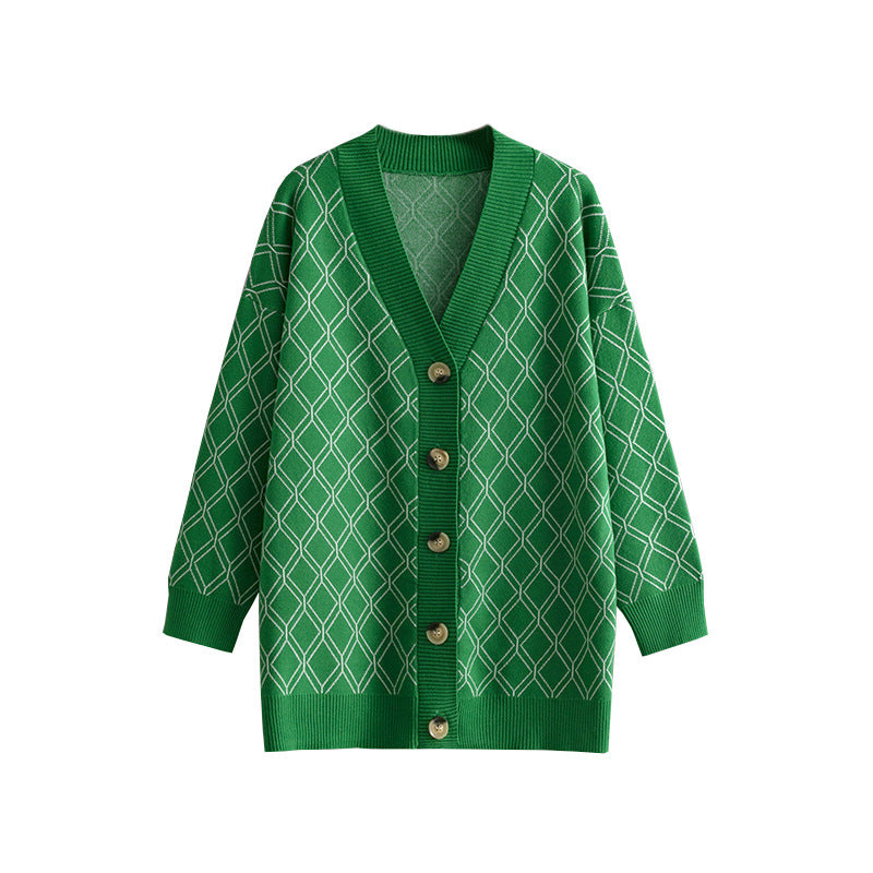 V-hals cardigan sweater Afslappet løs diamantternet sweaterjakke
