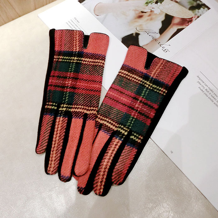 Color Plaid Wool Plus Velvet Thick Five-finger Gloves
