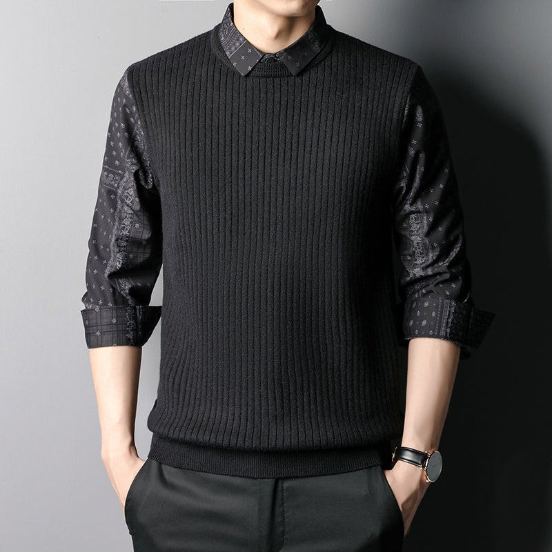 Autumn Men's Business Knitted Vest Stitching Top Fake Two Piece Sweater