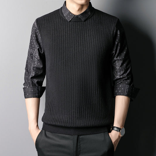 Autumn Men's Business Knitted Vest Stitching Top Fake Two Piece Sweater