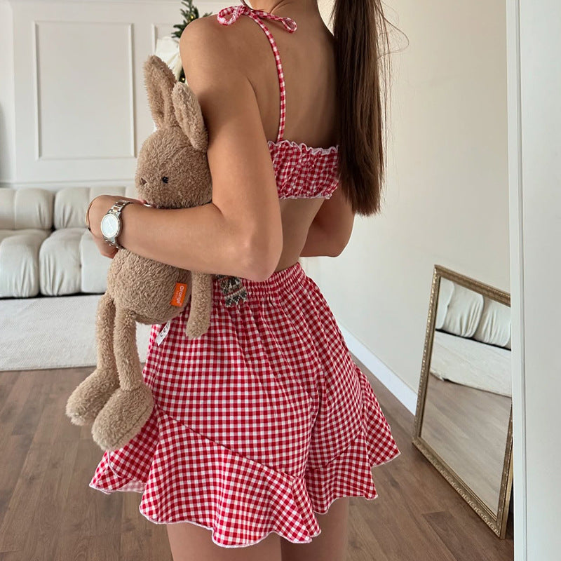 Fashion Casual Plaid Halter Shorts Set