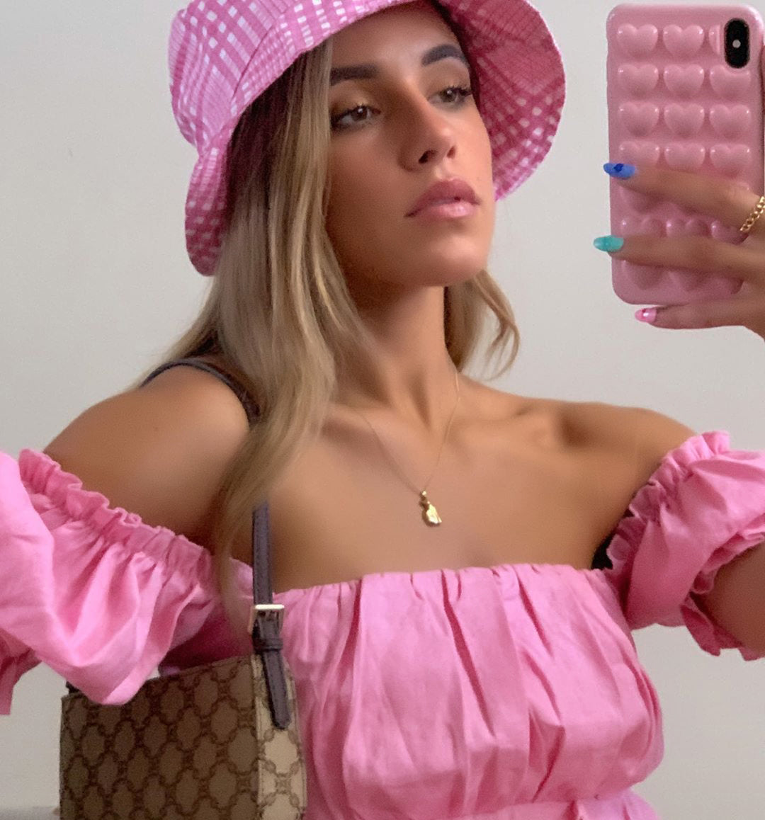Pink bubble sleeve off shoulder short sleeve