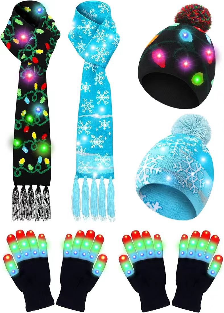 LED Christmas Knitted Hat Scarf Gloves Three-piece Set