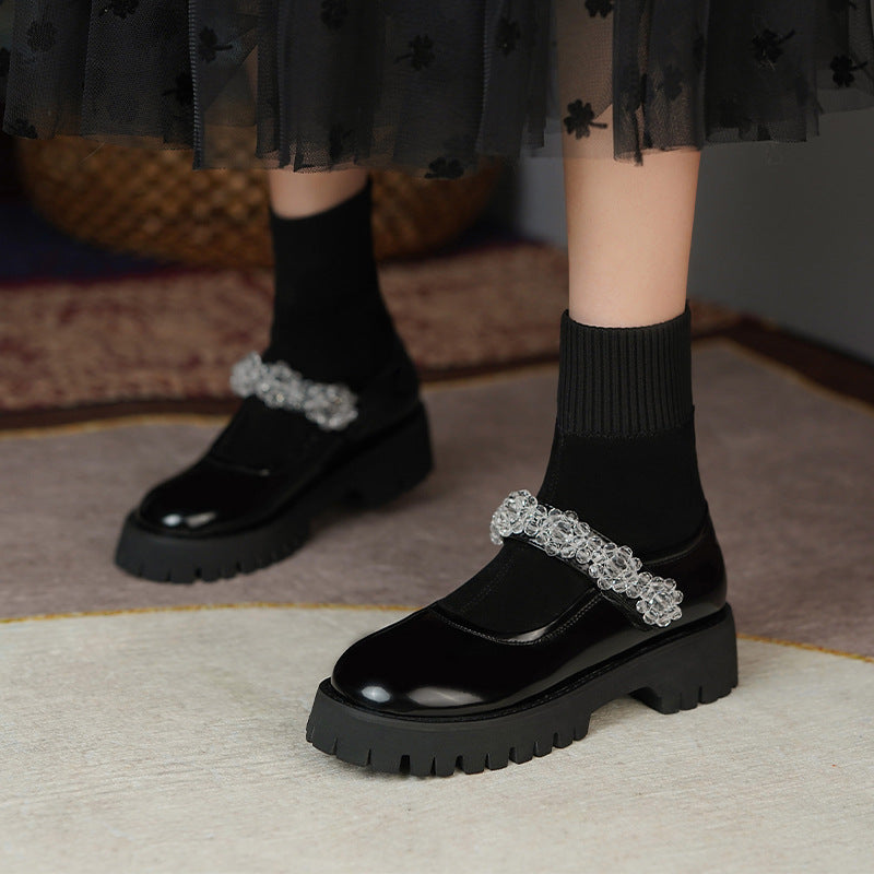 Round Toe Loafers And Socks Boots Thick Mid-heel Snowflake Buckle Platform Short