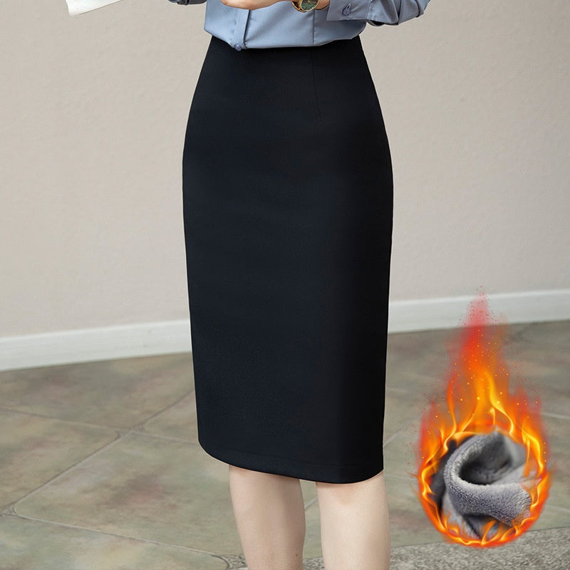 Autumn And Winter Career Apparel Overknee Mid-length Slim Fit Slimming And Velvet Padded Warm Skirt
