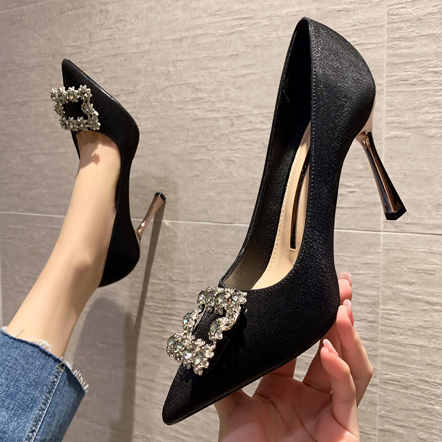 Rhinestone Stiletto Women's Shoes Net Red Satin Slim