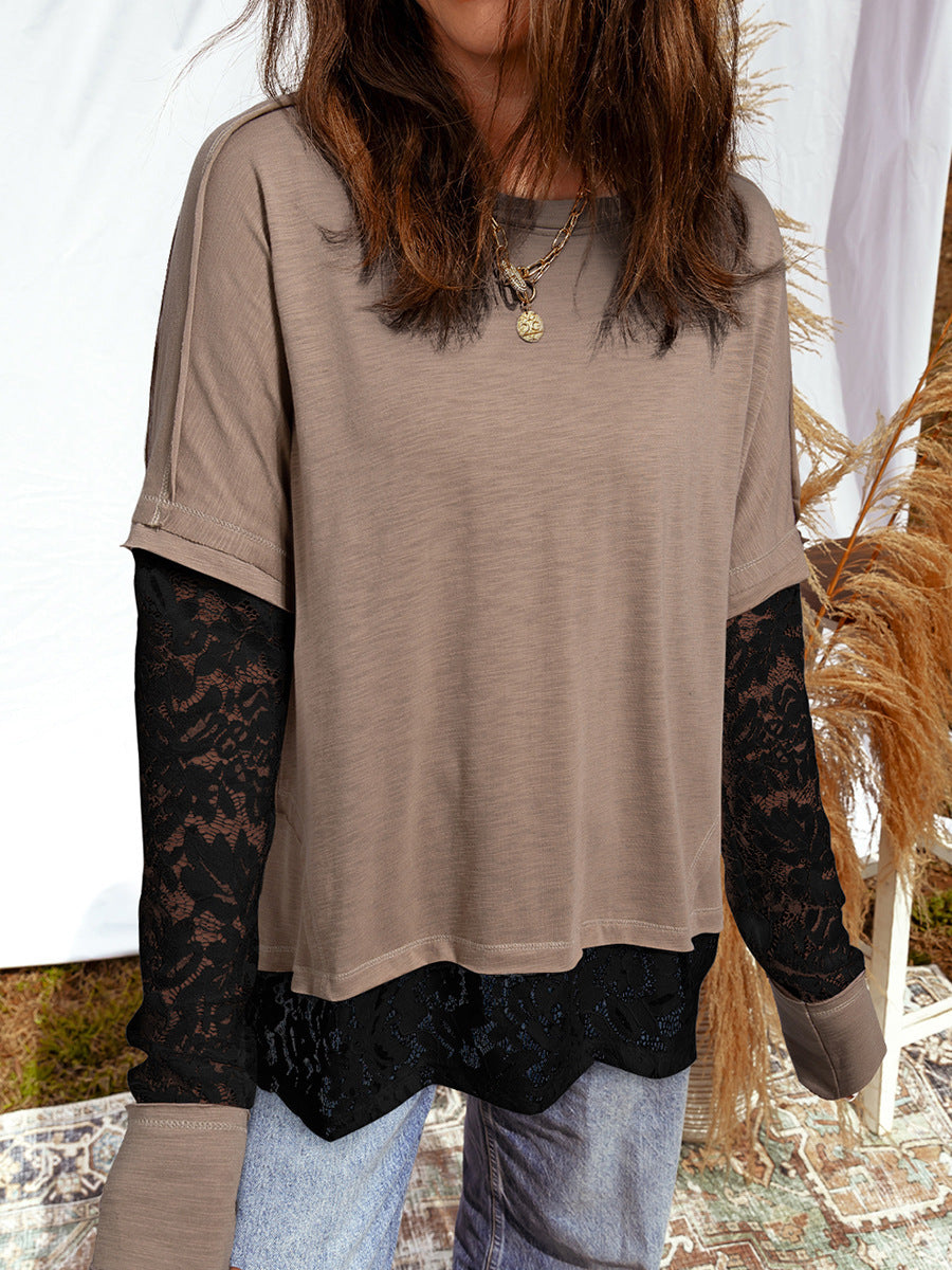 Light French Beige Sheer Lace Patchwork Casual Long-Sleeve T-Shirt
